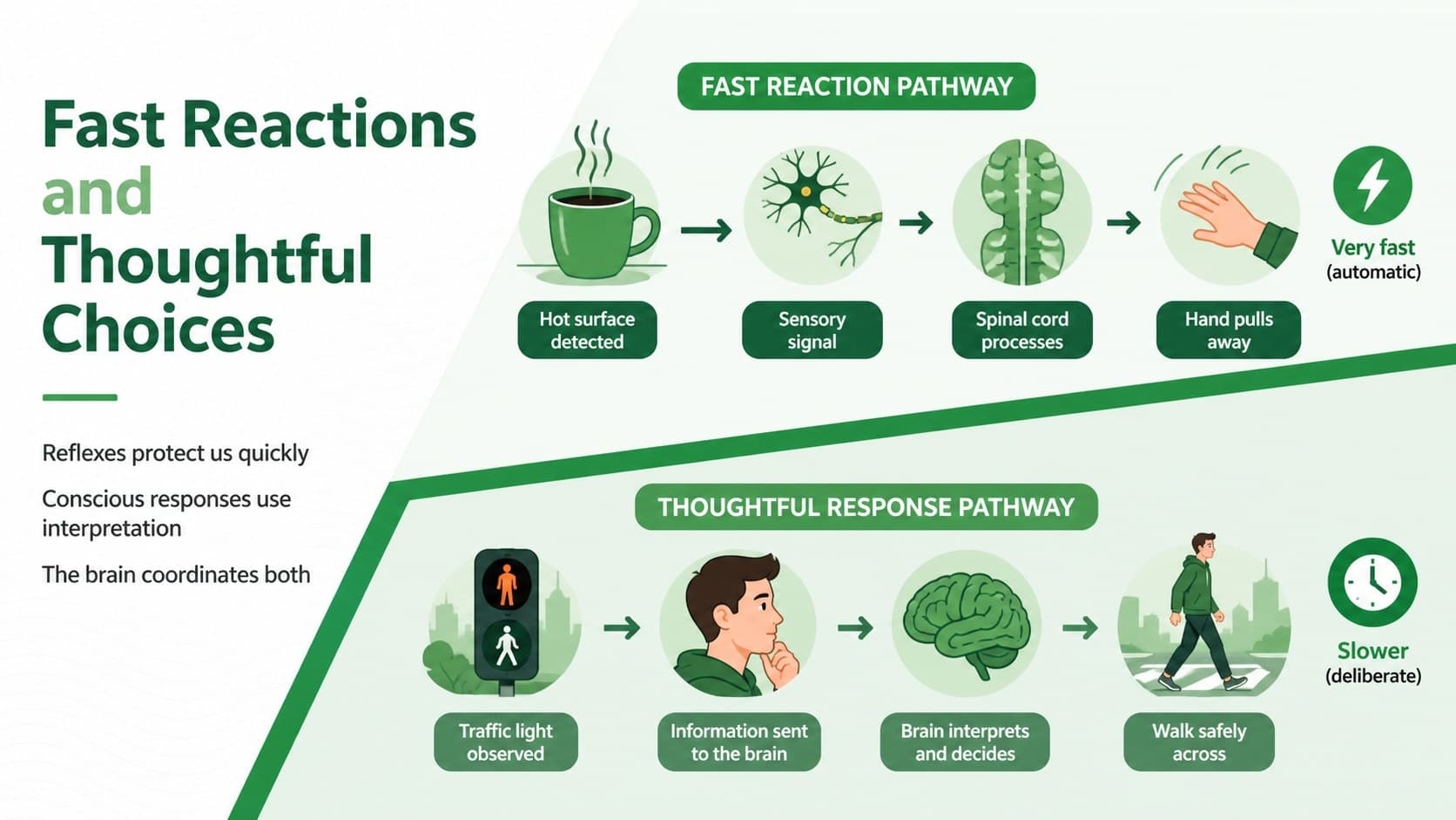 Biology lesson deck slide contrasting automatic reflexes with conscious responses.