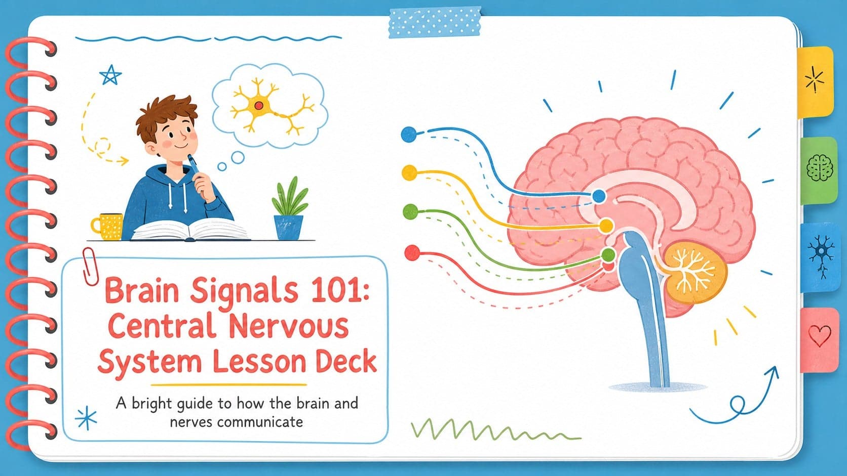 Bright illustrated cover introducing a central nervous system lesson deck with a brain and nerve pathway motif.
