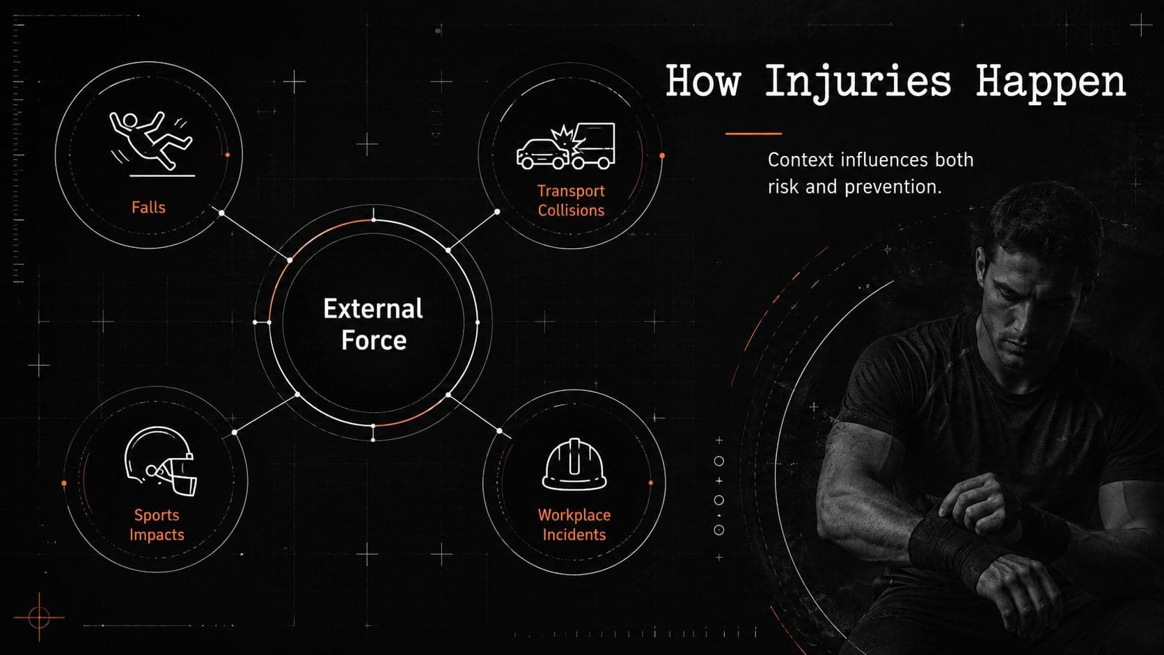 Head trauma causes slide illustrating falls, transport collisions, sports impacts, and workplace incidents.