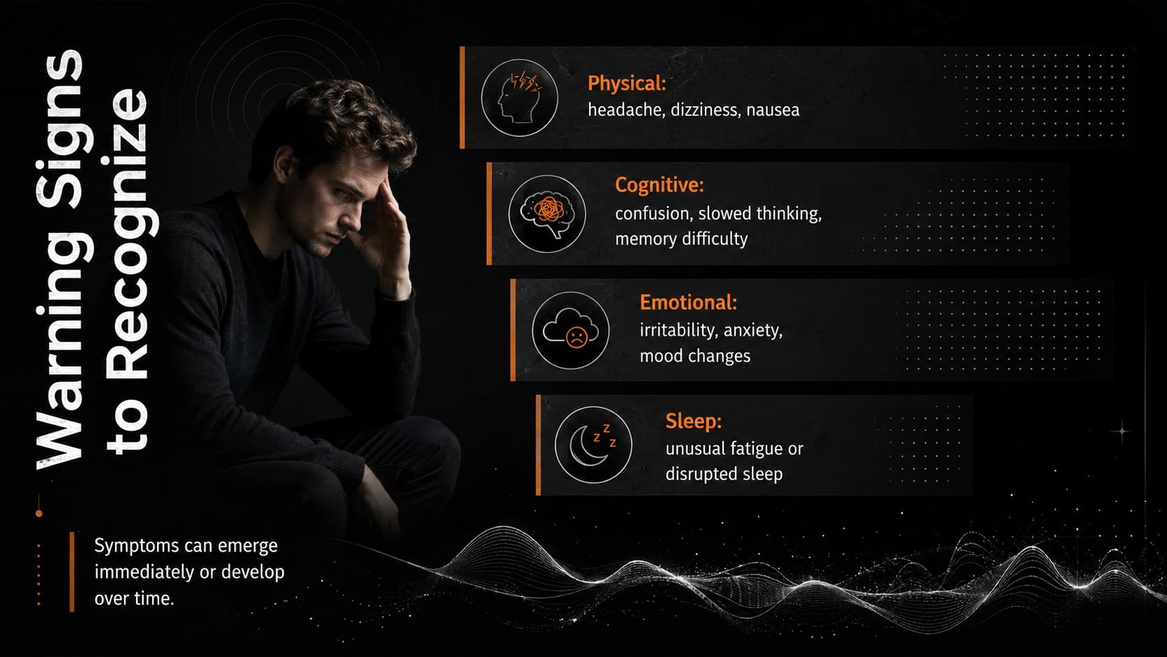 Concussion warning signs slide grouping physical, cognitive, emotional, and sleep-related symptoms.