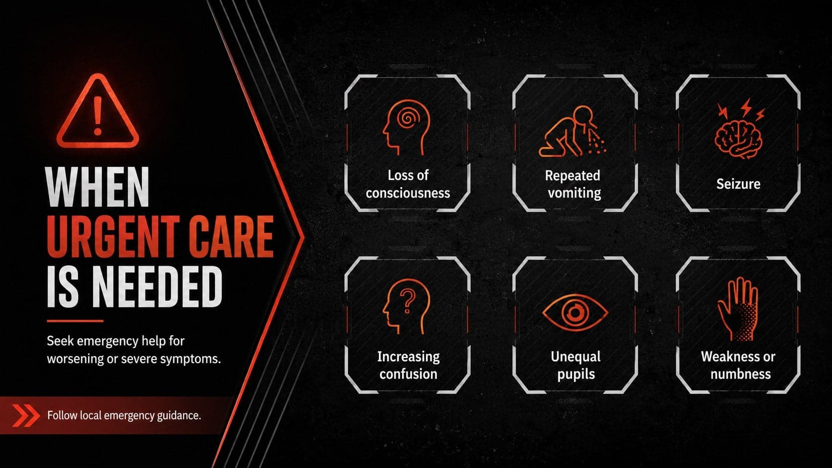 Emergency brain injury response slide highlighting worsening symptoms that require urgent medical care.