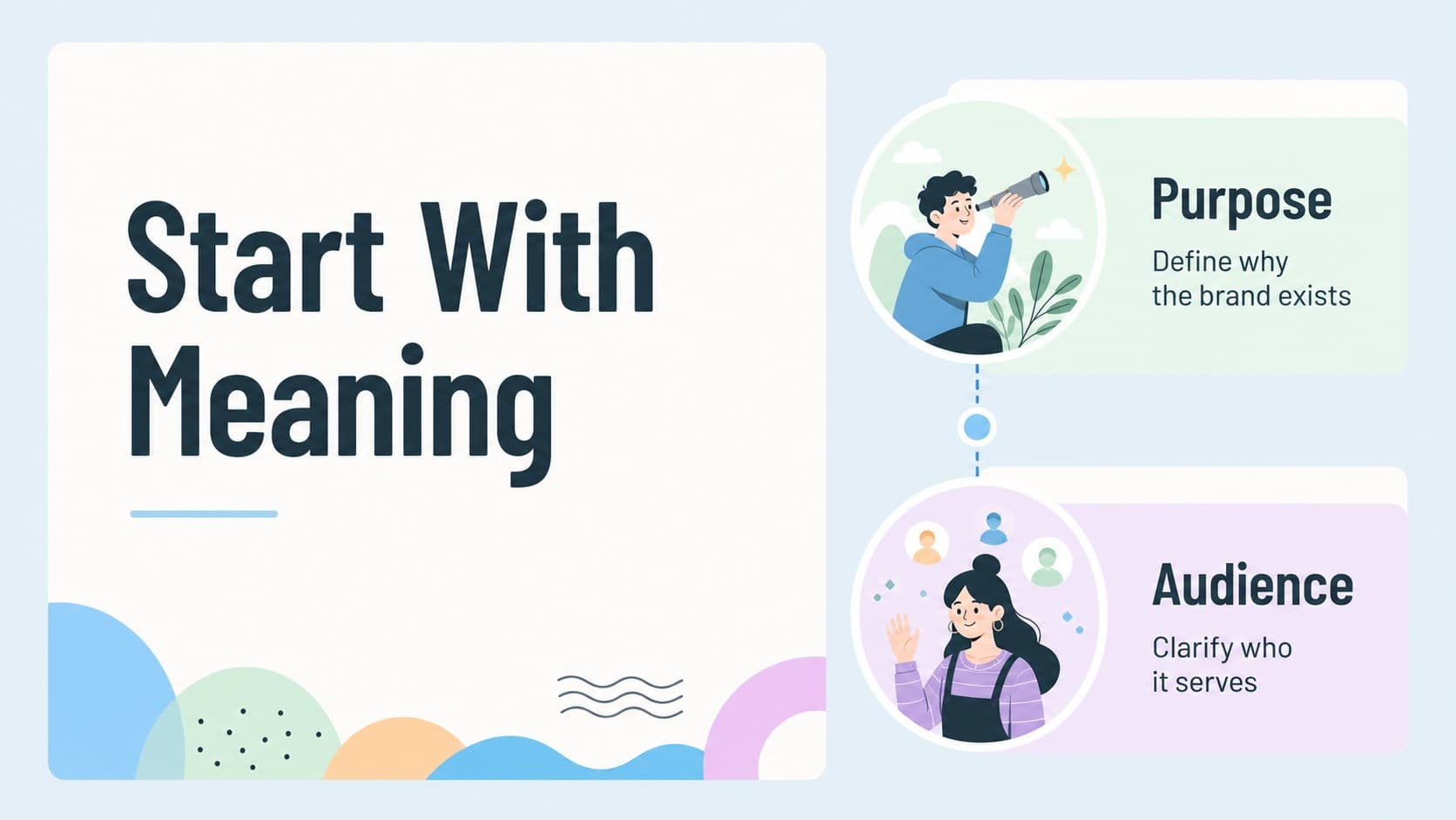 Brand purpose and audience framework slide with blue illustrated icons and editable strategic labels.