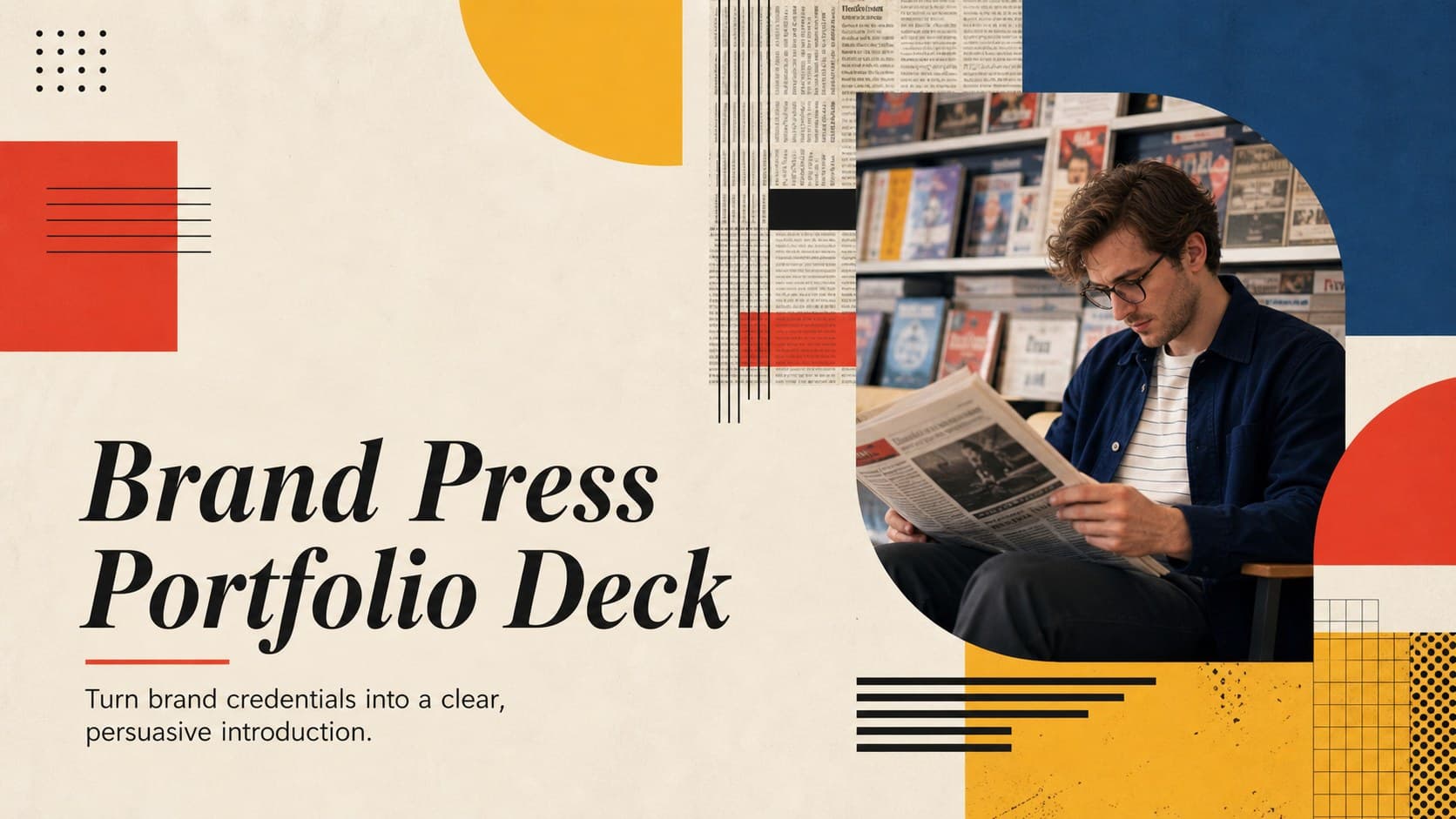 Colorful minimalist cover for the Brand Press Portfolio Deck with an editorial title treatment and abstract media graphics.
