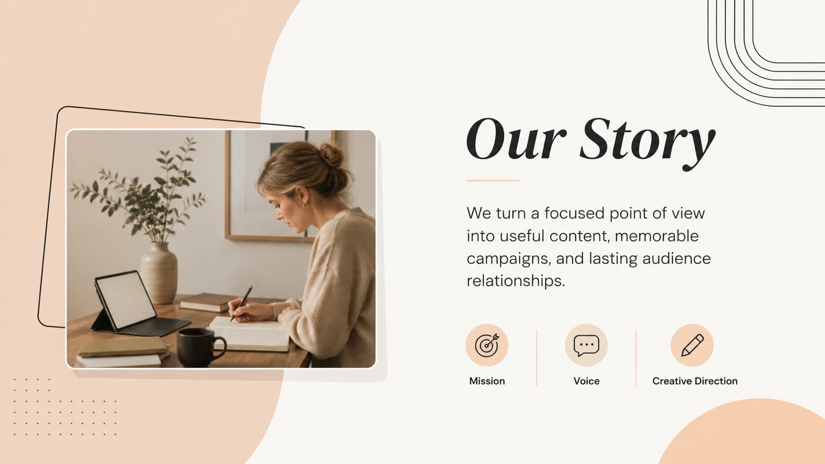 Minimal brand story slide with mission, point of view, and creative identity content.