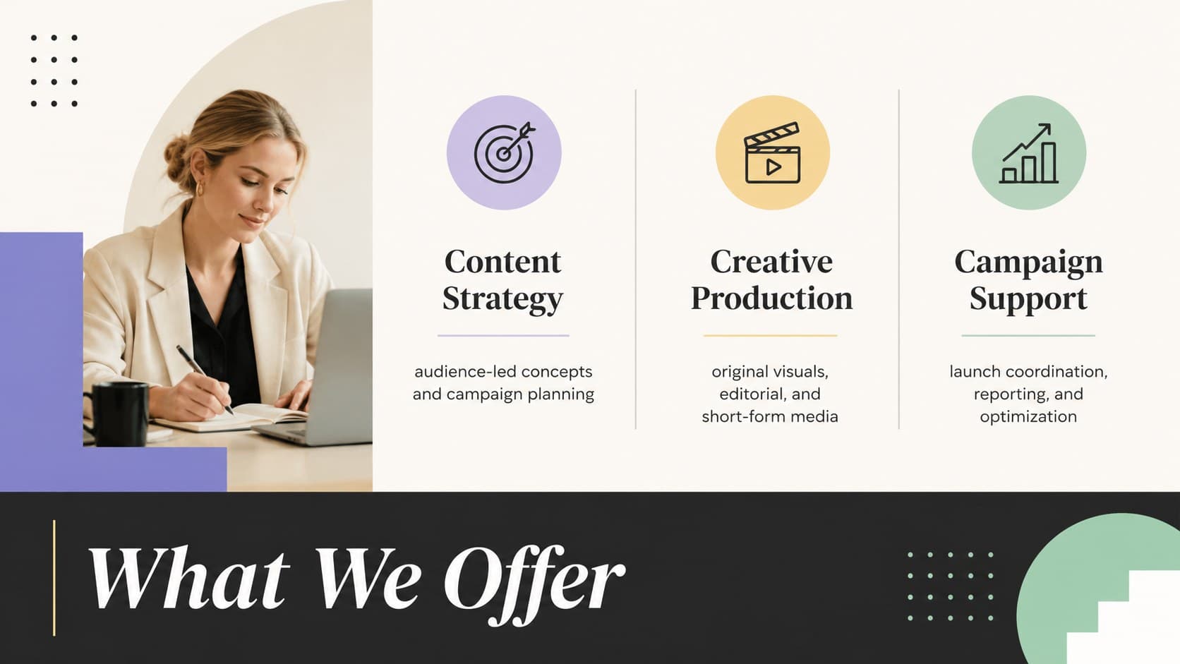 Media services slide presenting content strategy, creative production, and campaign support options.