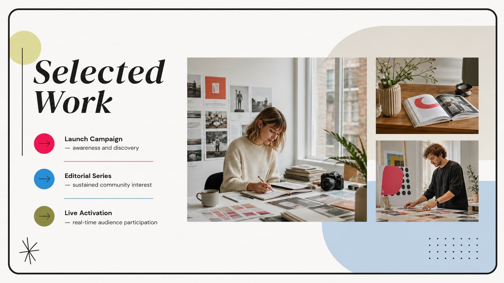 Brand portfolio slide displaying selected campaigns in a colorful minimalist gallery.