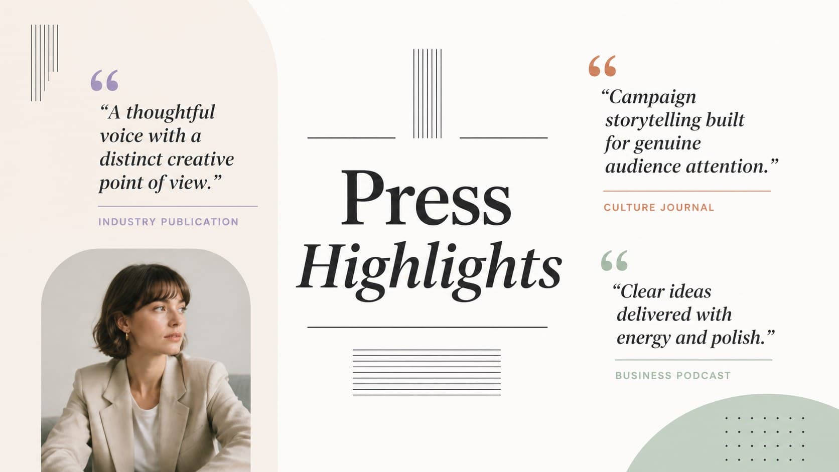 Public relations portfolio presentation slide featuring press highlights and editorial coverage.