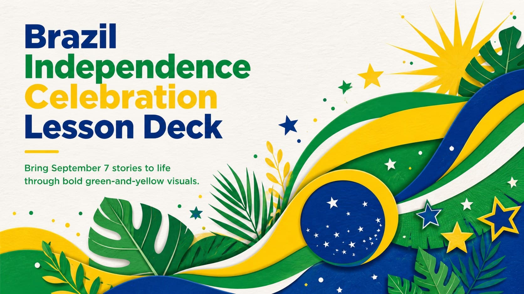 Cover of the Brazil independence celebration lesson deck with green and yellow abstract illustrations.
