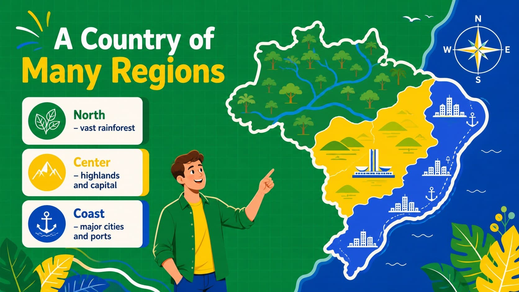 Brazil geography lesson slide with an abstract map and regional callouts.