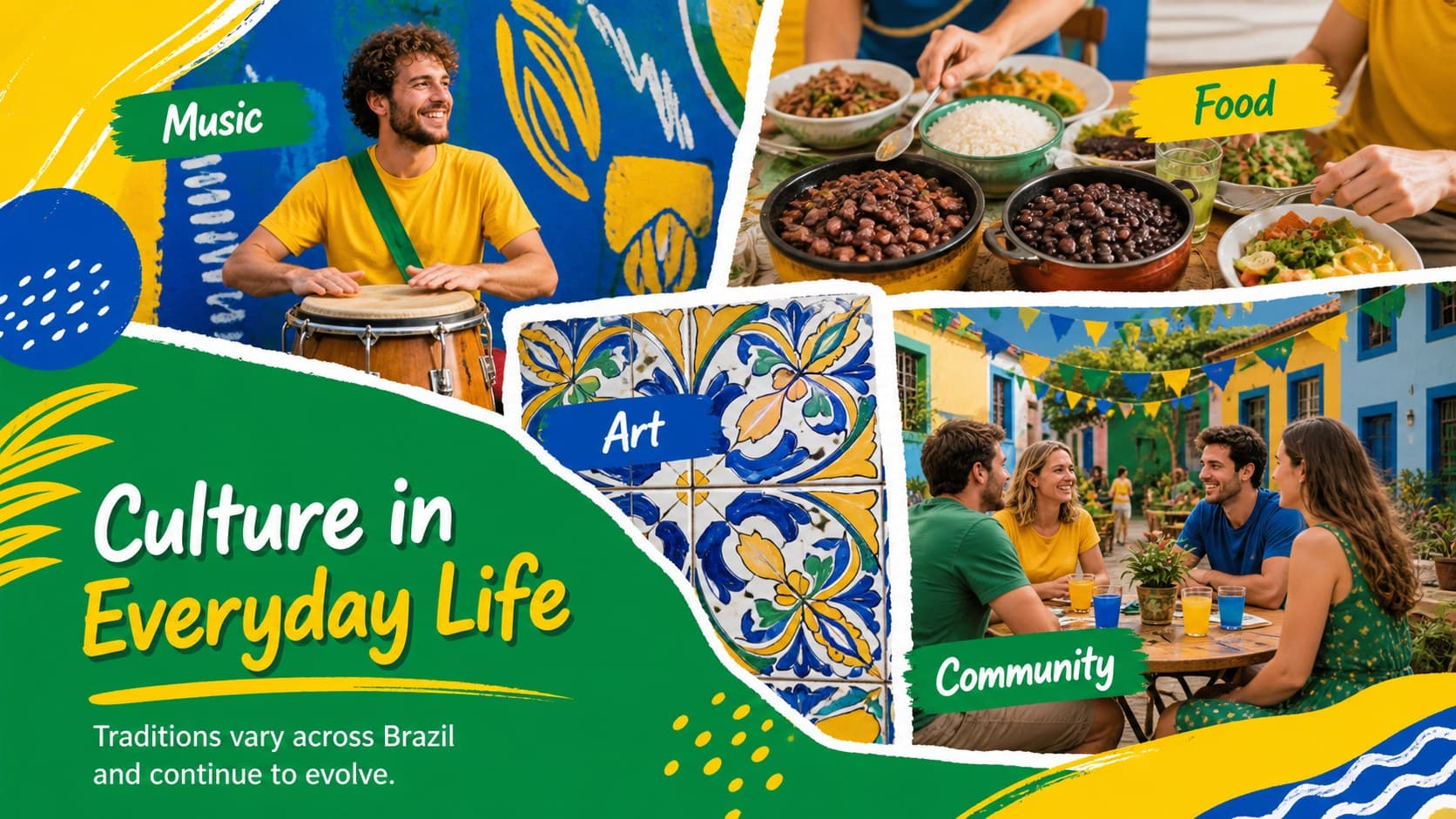 Green and yellow Brazil presentation theme highlighting music, food, art, and community.