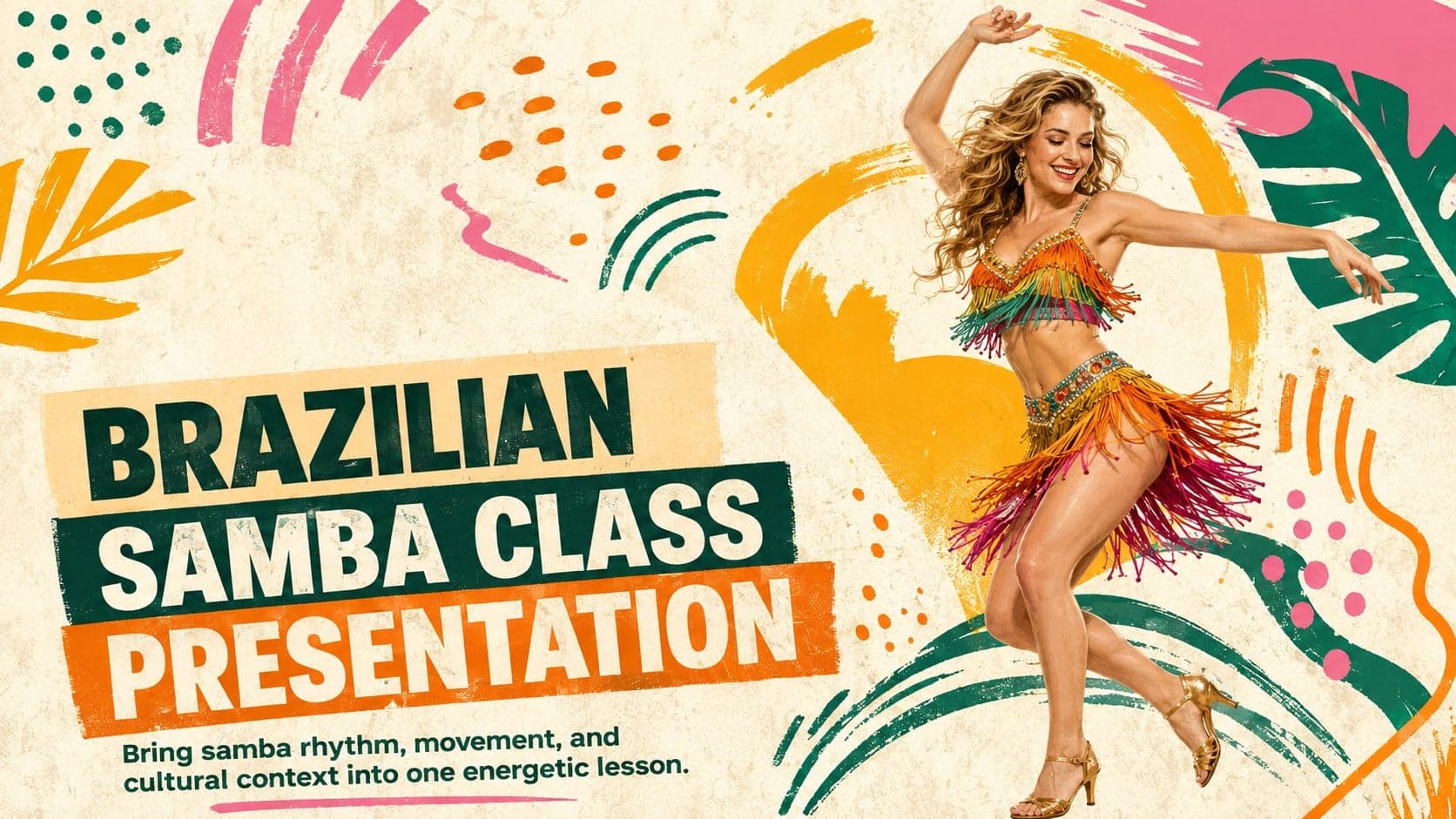 Cover of a Brazilian Samba Class Presentation with energetic dancers, orange accents, and playful festival illustrations.