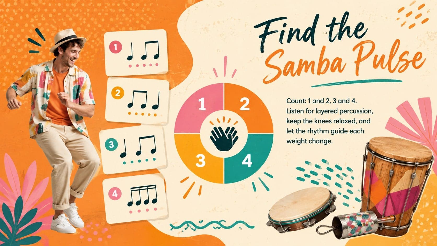 Samba rhythm lesson slide showing beat counts and percussion patterns in a playful orange layout.