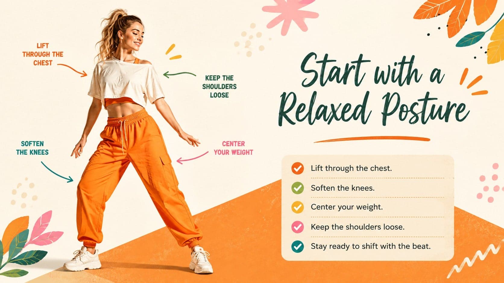 Beginner samba posture slide with illustrated alignment cues for a dance class presentation.