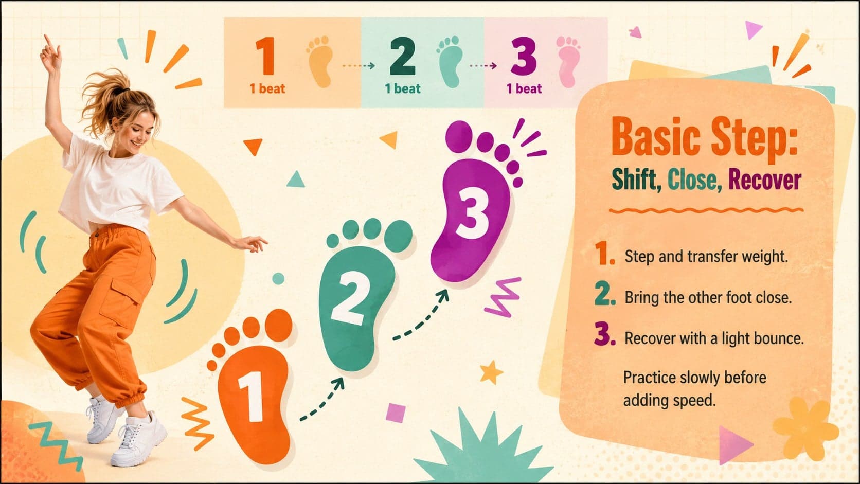 Samba footwork slide illustrating three beginner steps with directional arrows and concise instructions.