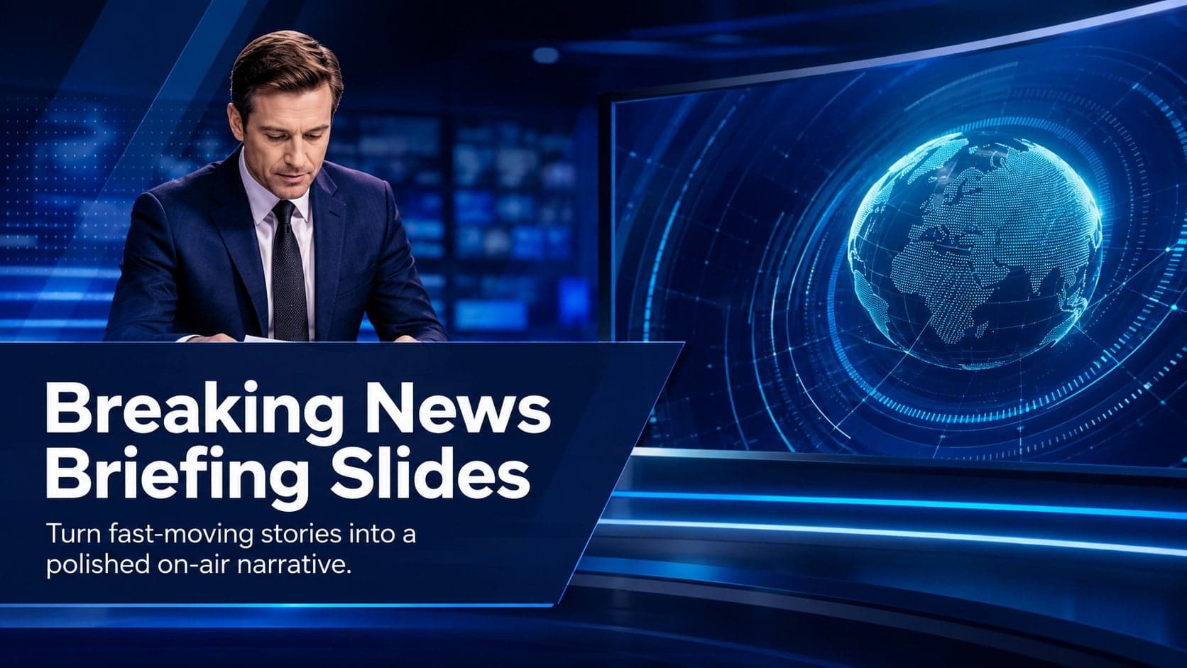 Cover of the Breaking News Briefing Slides template with a modern blue broadcast studio treatment.