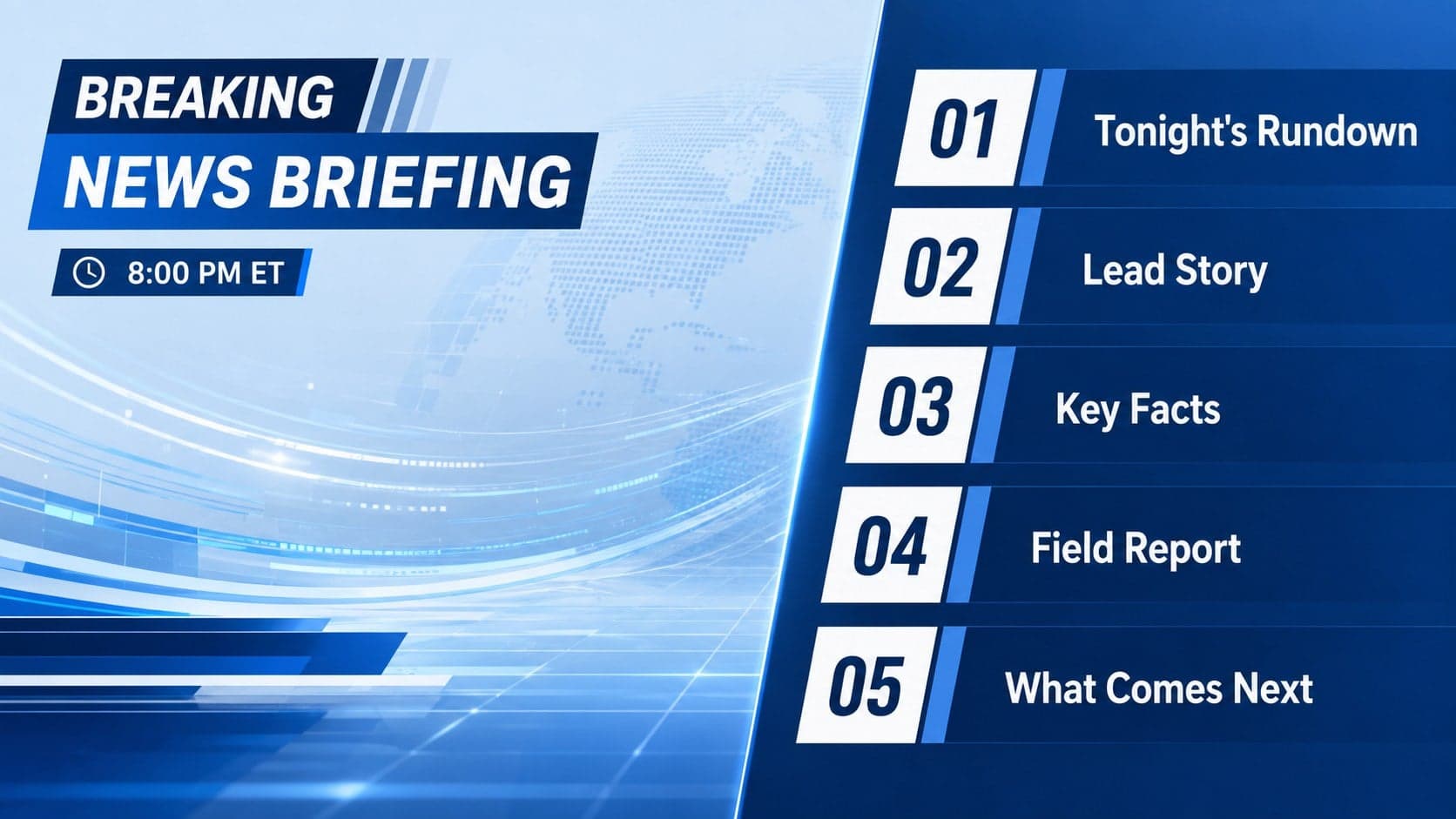 Newsroom rundown page listing the main sections of a breaking news briefing presentation.