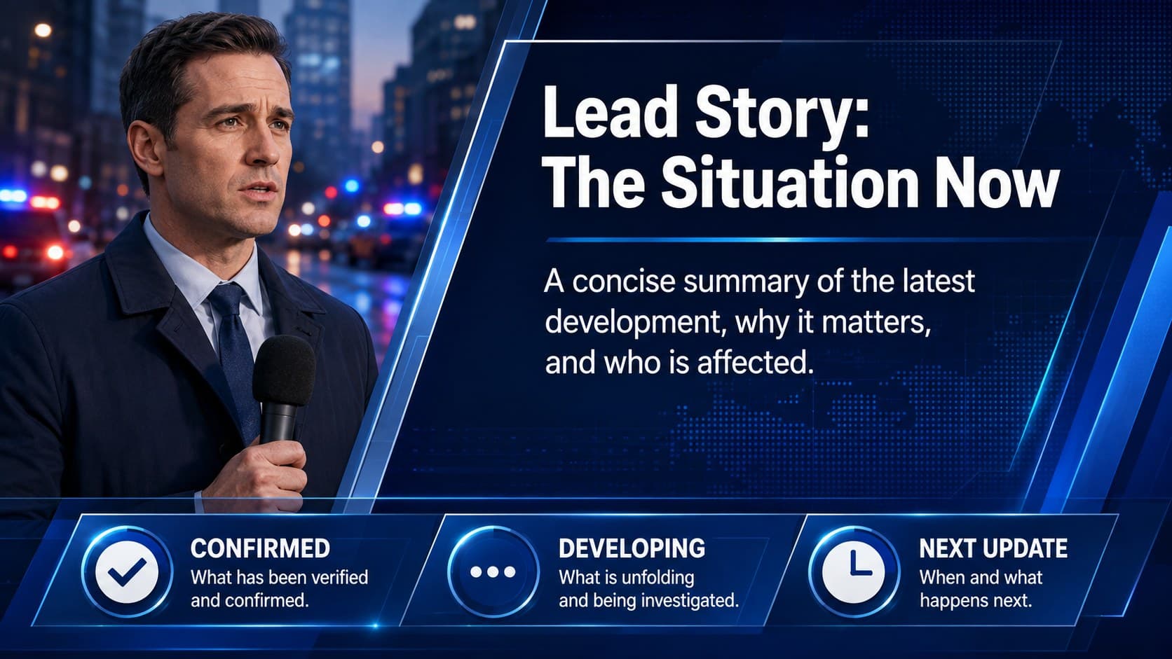 Lead story layout in a blue television newsroom presentation template with headline and summary text.