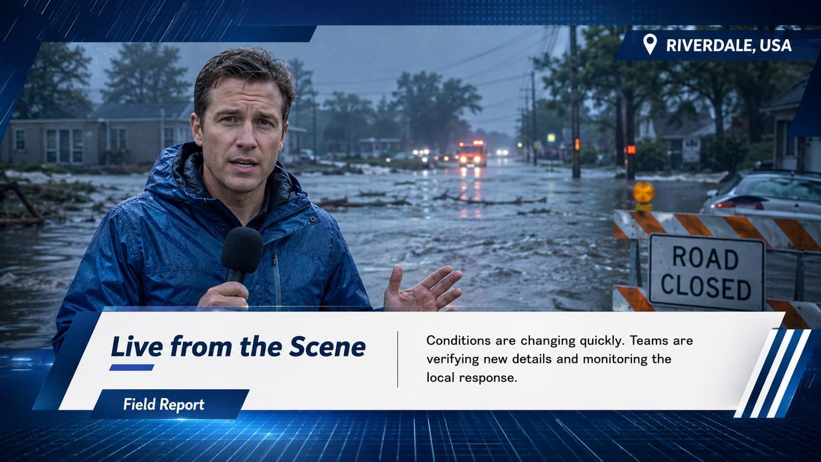 Live broadcast update deck slide featuring a field report image and correspondent notes.
