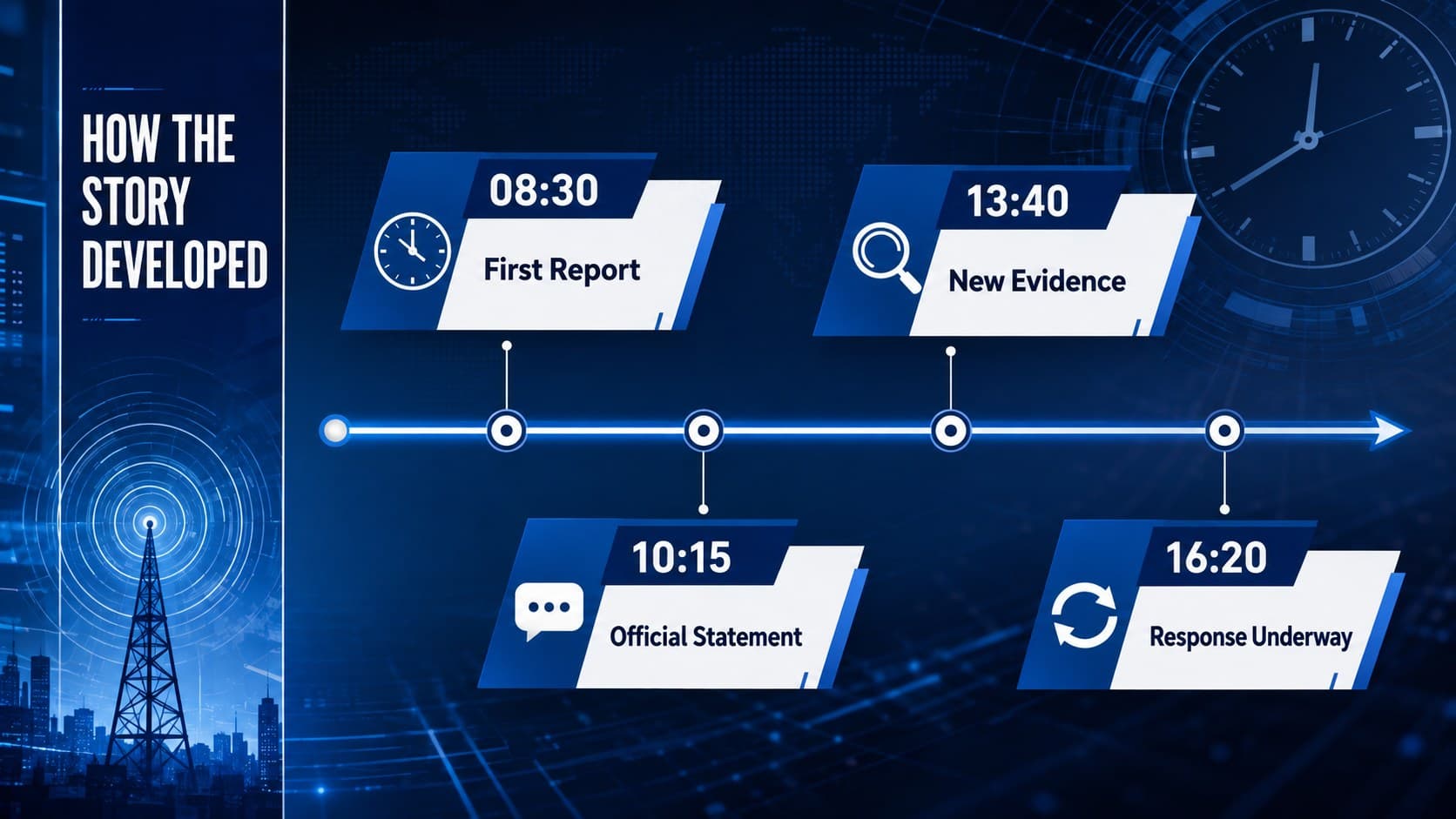 Event timeline page for breaking news briefing slides with four chronological developments.