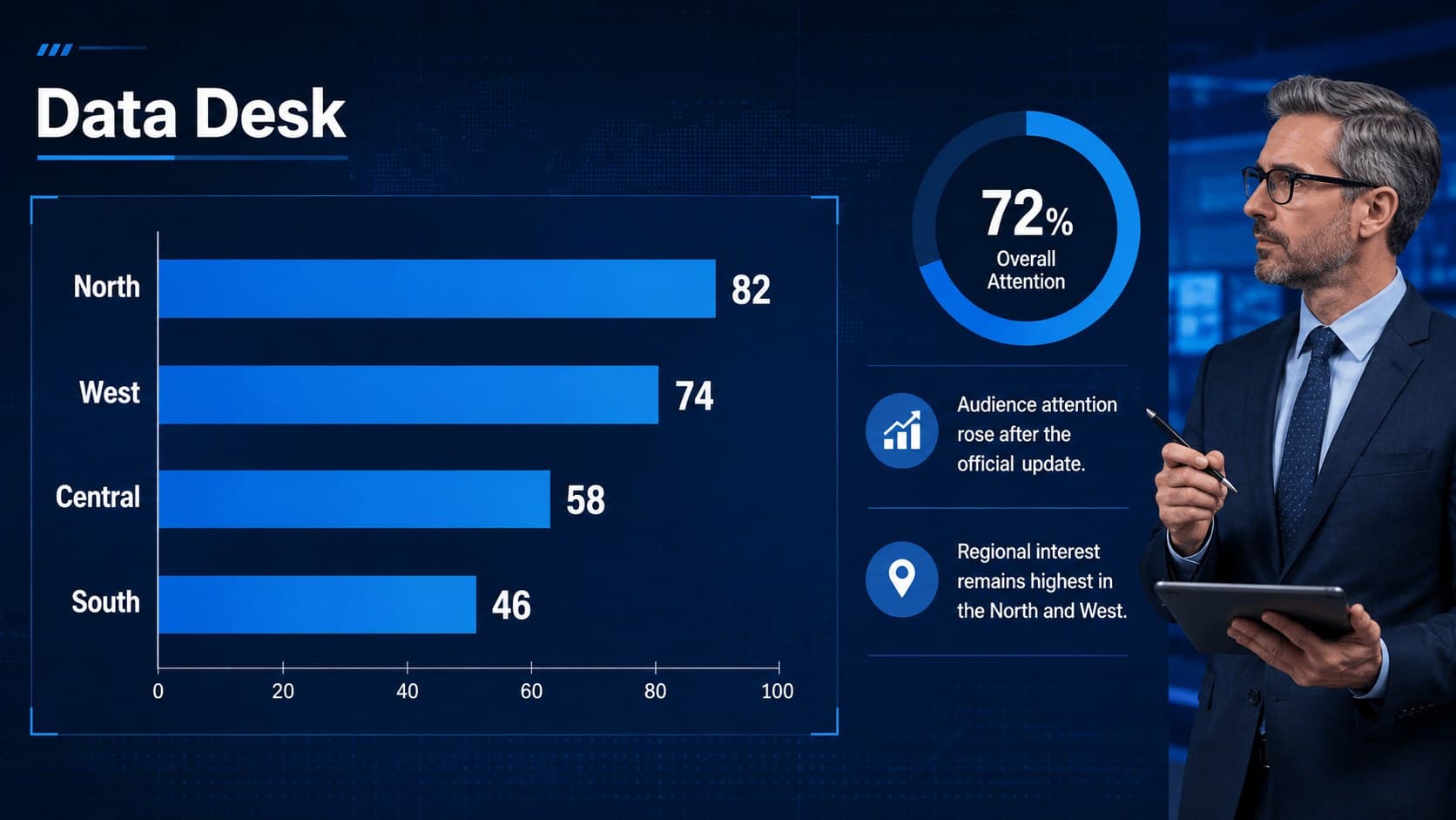 Blue newsroom PowerPoint theme slide with a bar chart and concise data analysis.