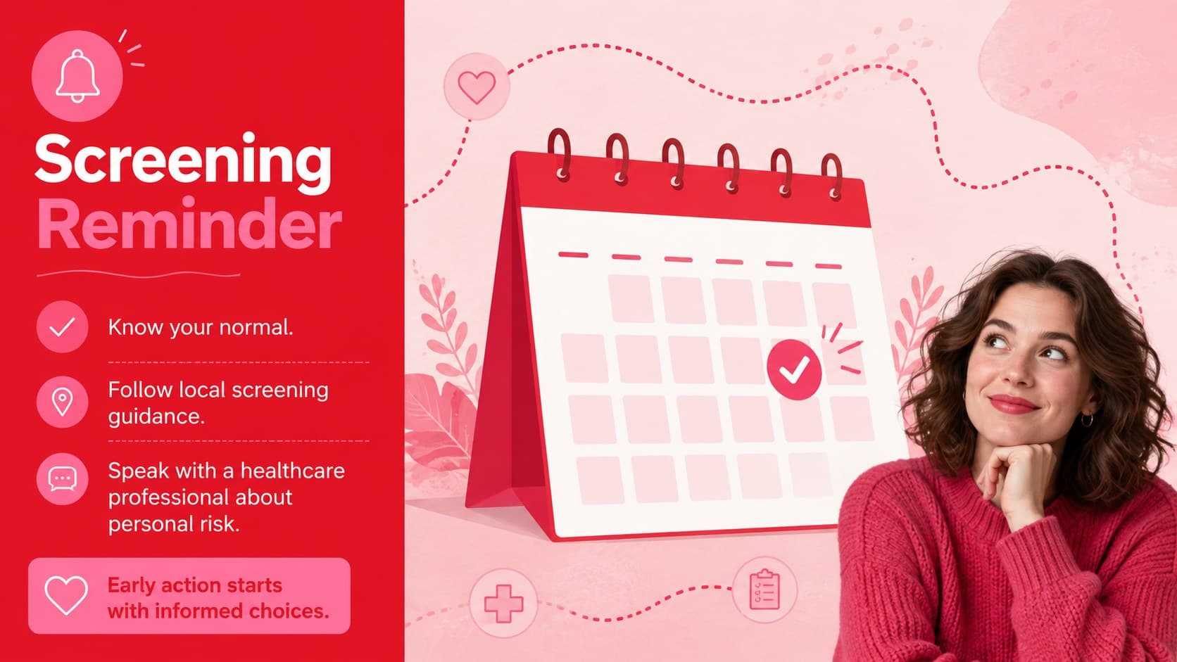 Breast health outreach presentation slide featuring a concise screening reminder checklist.