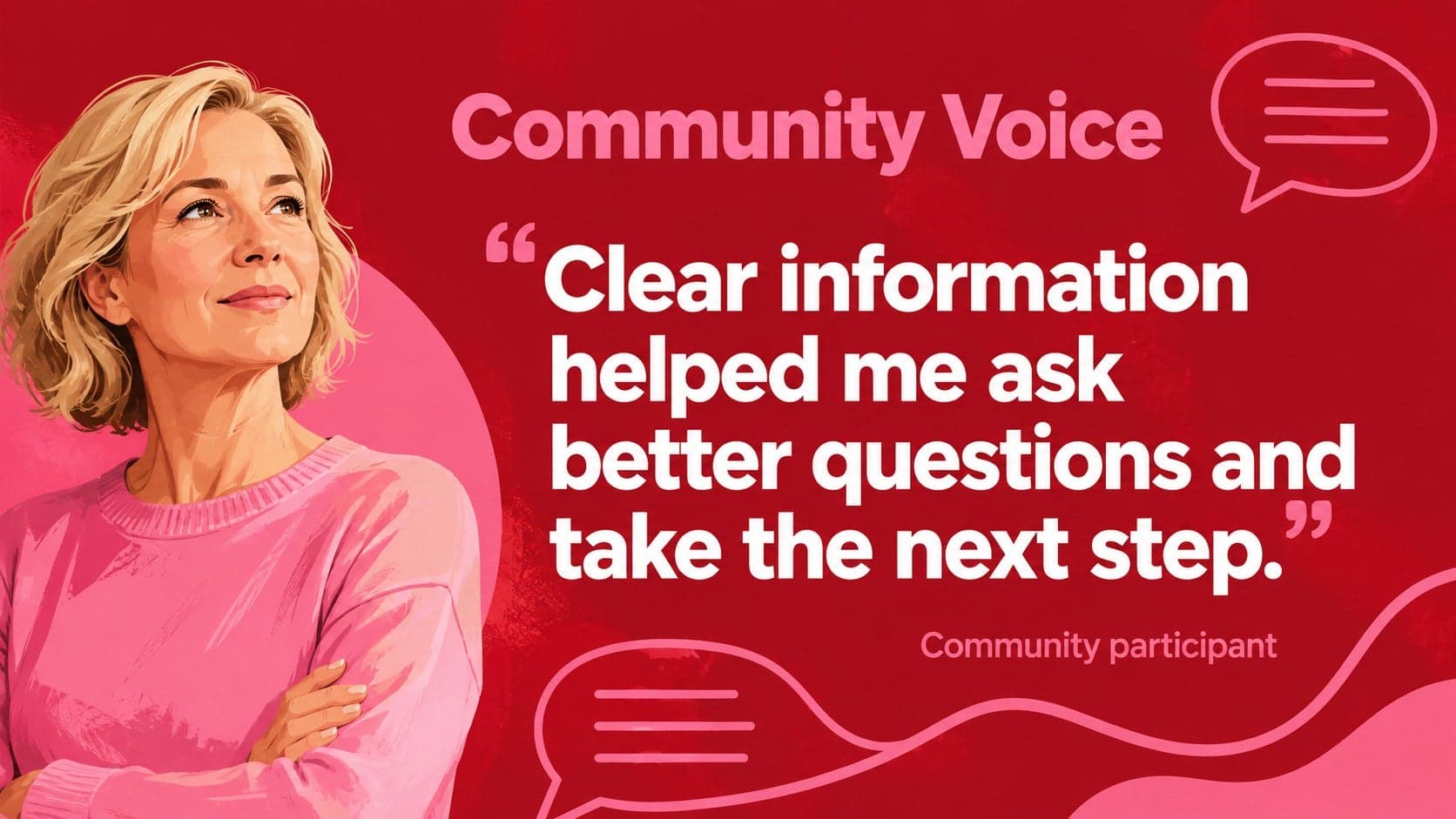 Breast cancer campaign slide highlighting a new original community advocate and personal quote.