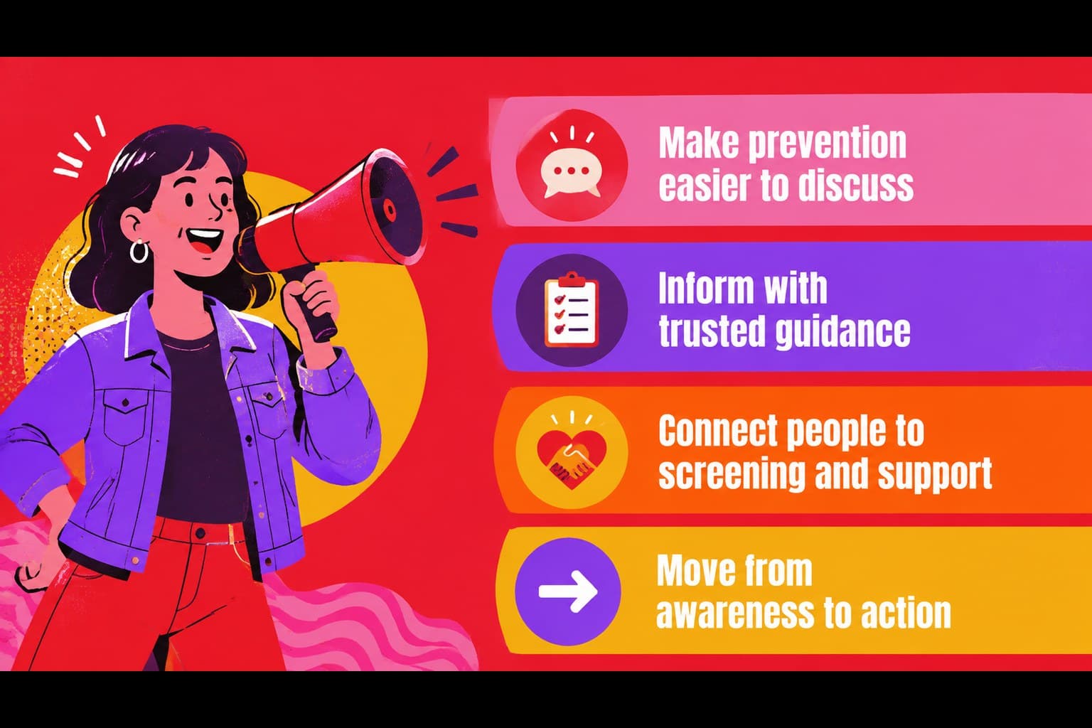 Campaign goals slide with bold visual blocks for breast cancer prevention outreach.