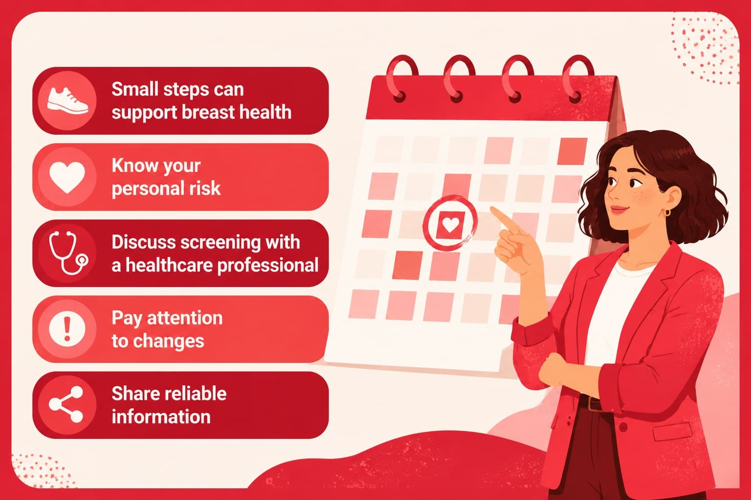 Prevention message slide presenting practical breast health habits in a colorful pop-art layout.