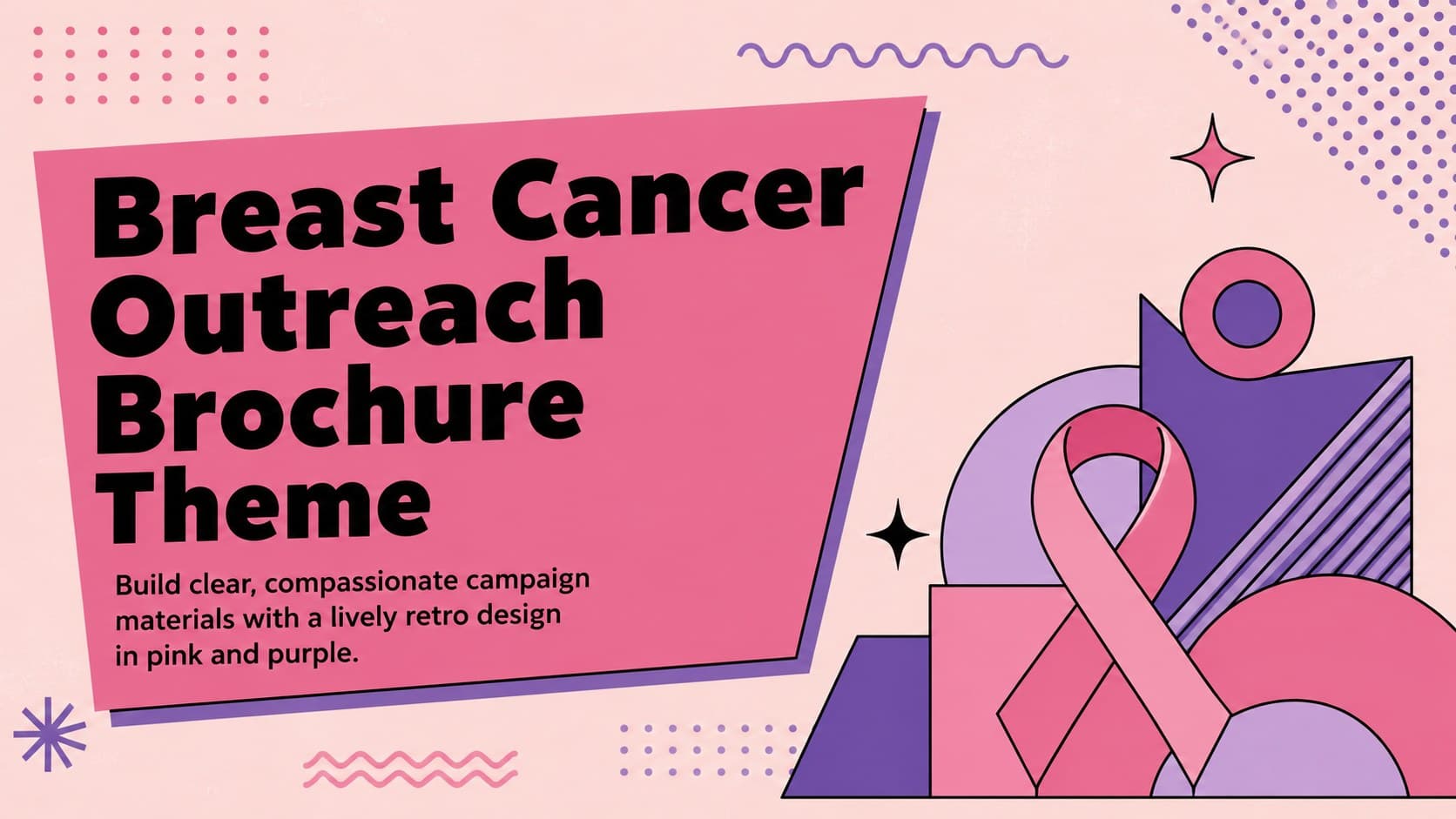 Cover of the Breast Cancer Outreach Brochure Theme with retro pink and purple geometric artwork.