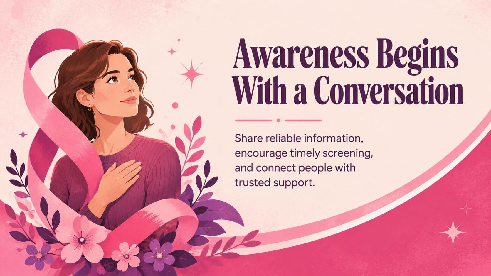 Breast cancer community outreach presentation slide introducing a compassionate awareness campaign.