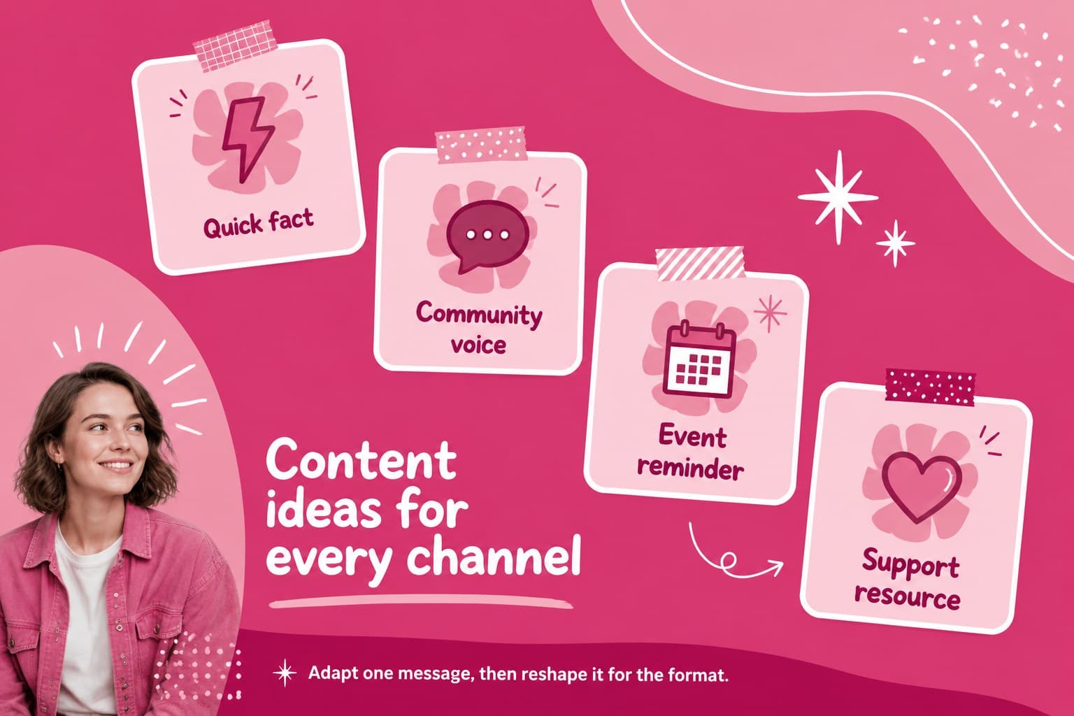 Breast cancer social content slide organizing post themes and outreach formats in a pink layout.