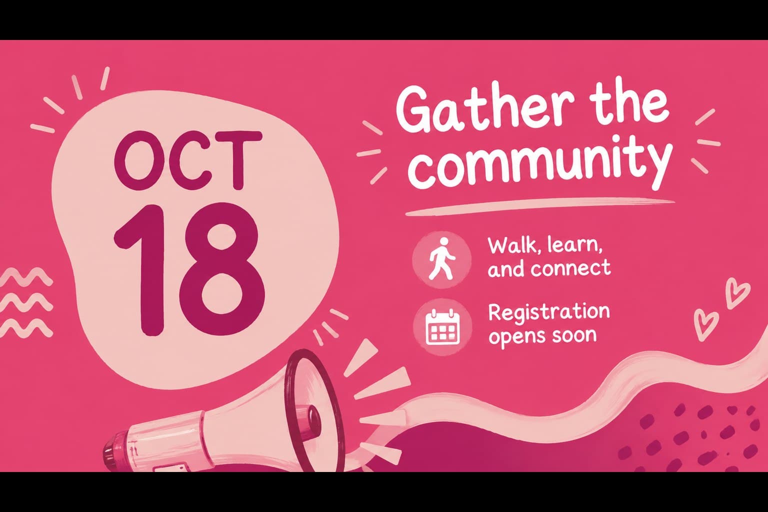 Community event promotion slide featuring a pink awareness gathering announcement and action details.