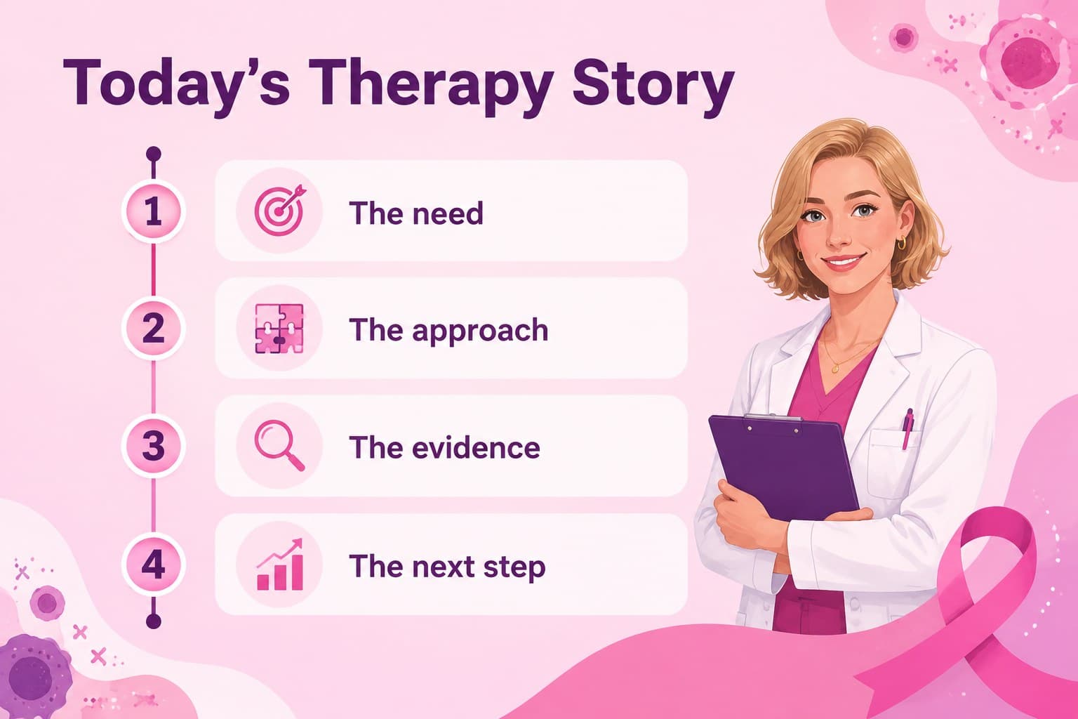 Agenda slide outlining the sections of a breast cancer research presentation with colorful numbered markers.