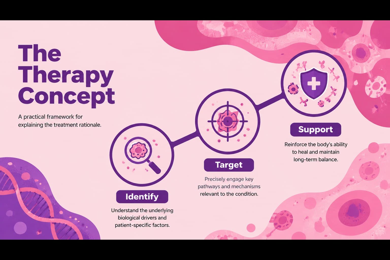 Therapy concept slide showing a breast cancer research presentation framework with three connected illustrated stages.