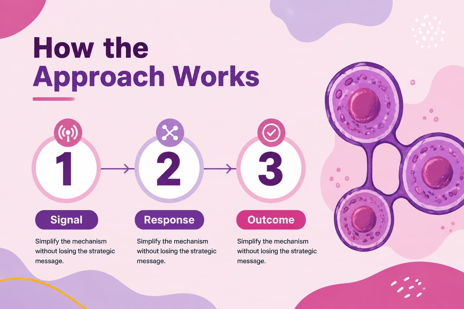 Mechanism summary slide for an oncology stakeholder briefing deck with layered diagrams and concise labels.