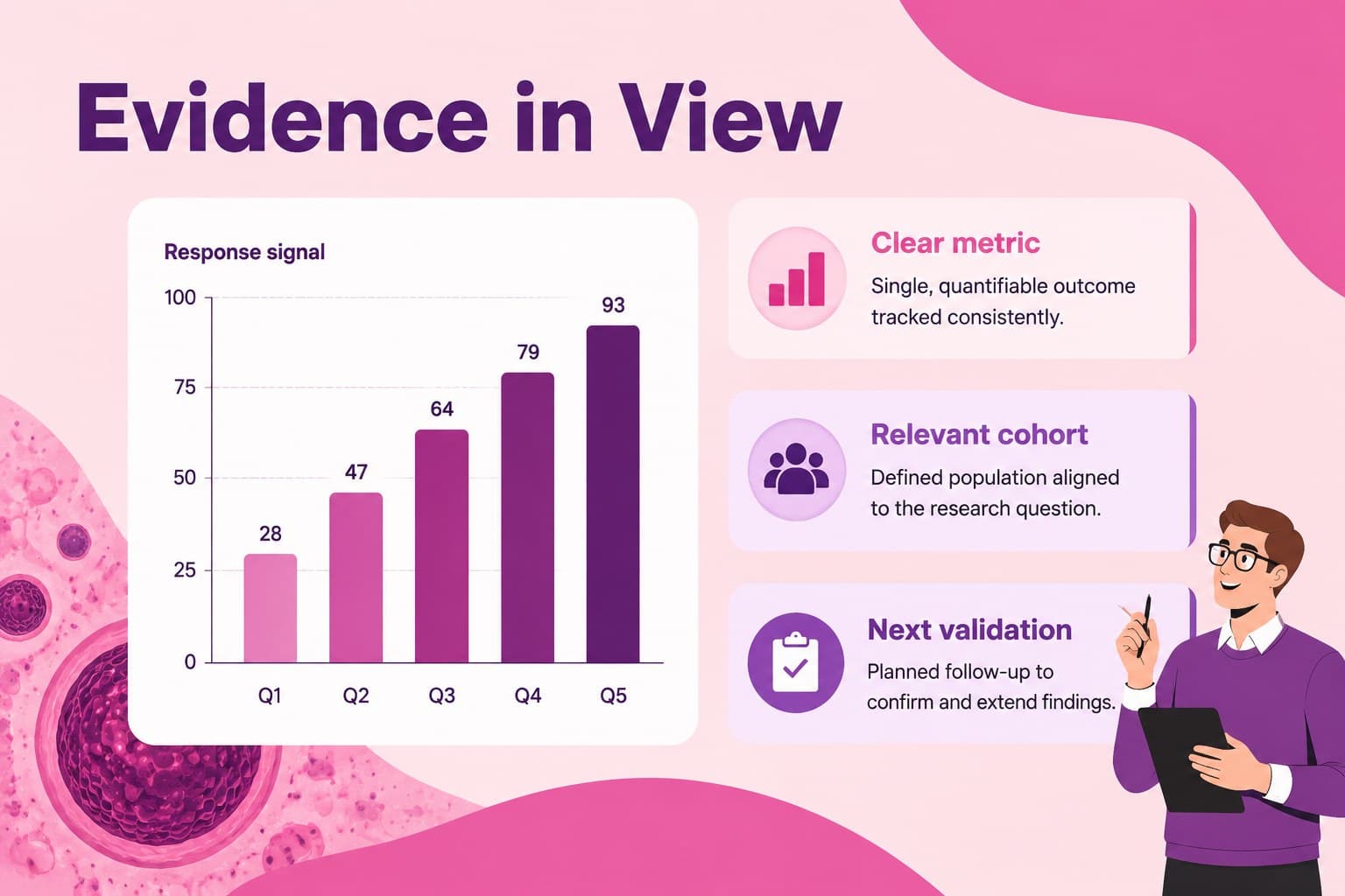 Evidence highlights slide combining key findings, a simple chart, and a breast cancer research presentation caption.