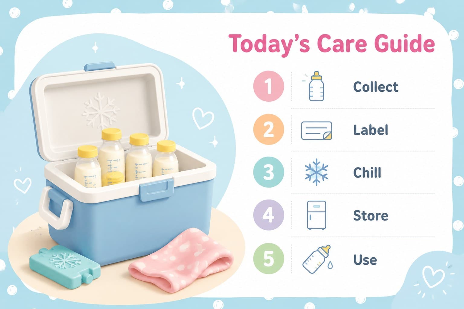 Agenda slide outlining milk collection, labeling, chilling, and storage topics for a breastfeeding care guide slides presentation.