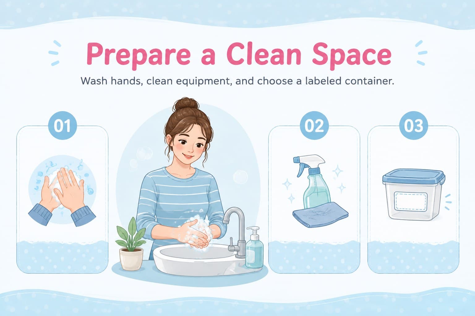 Educational slide showing clean preparation steps before expressing and storing breast milk.