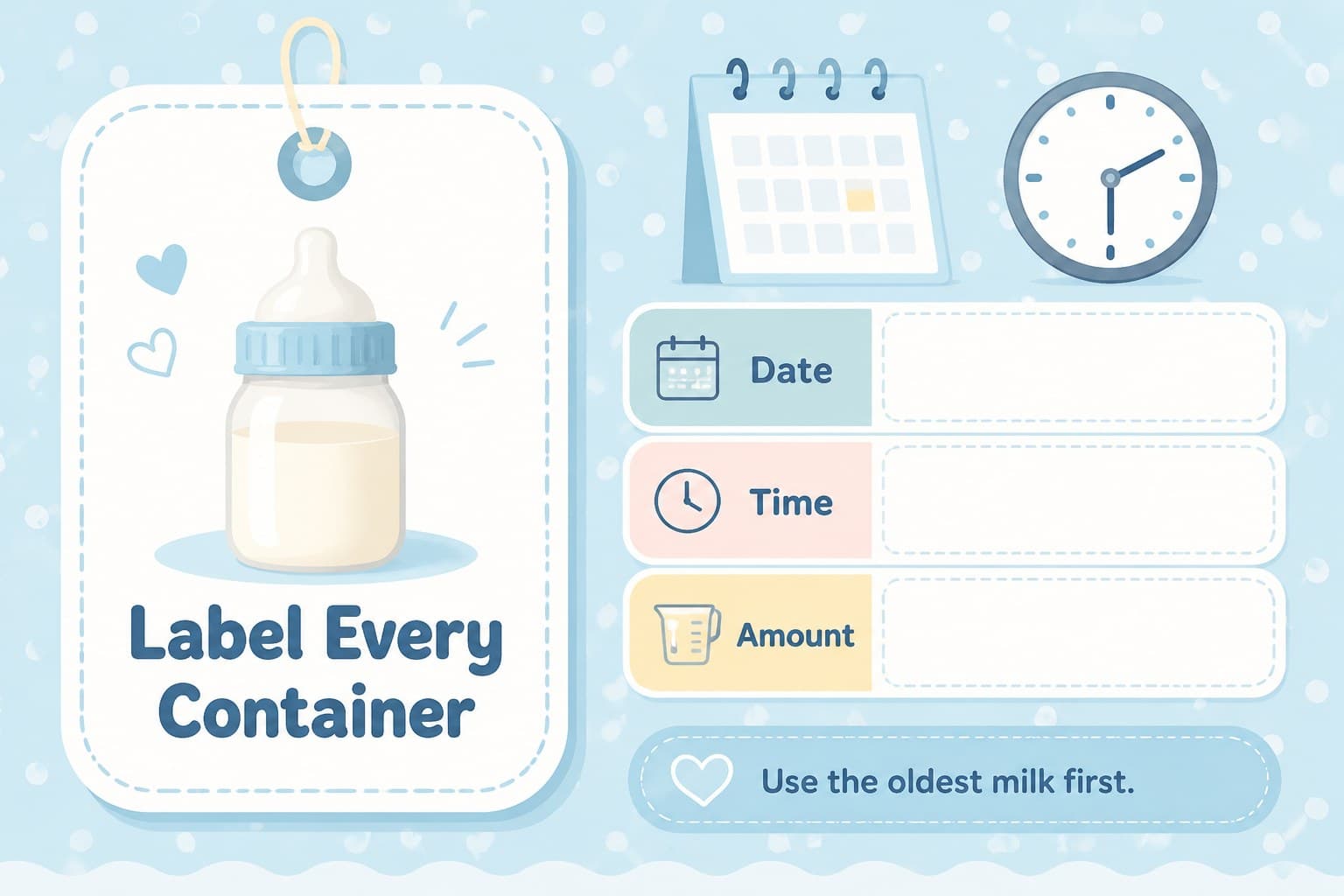 Breast milk labeling slide with editable fields for date, time, and container contents.