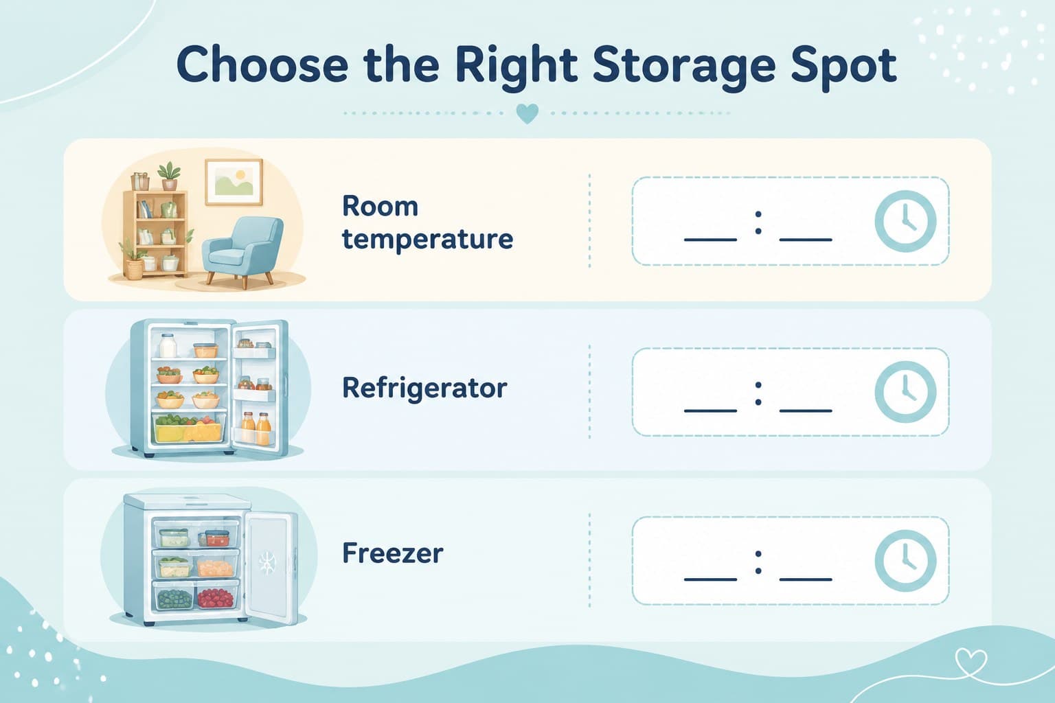 Storage location comparison slide contrasting room temperature, refrigerator, and freezer guidance.