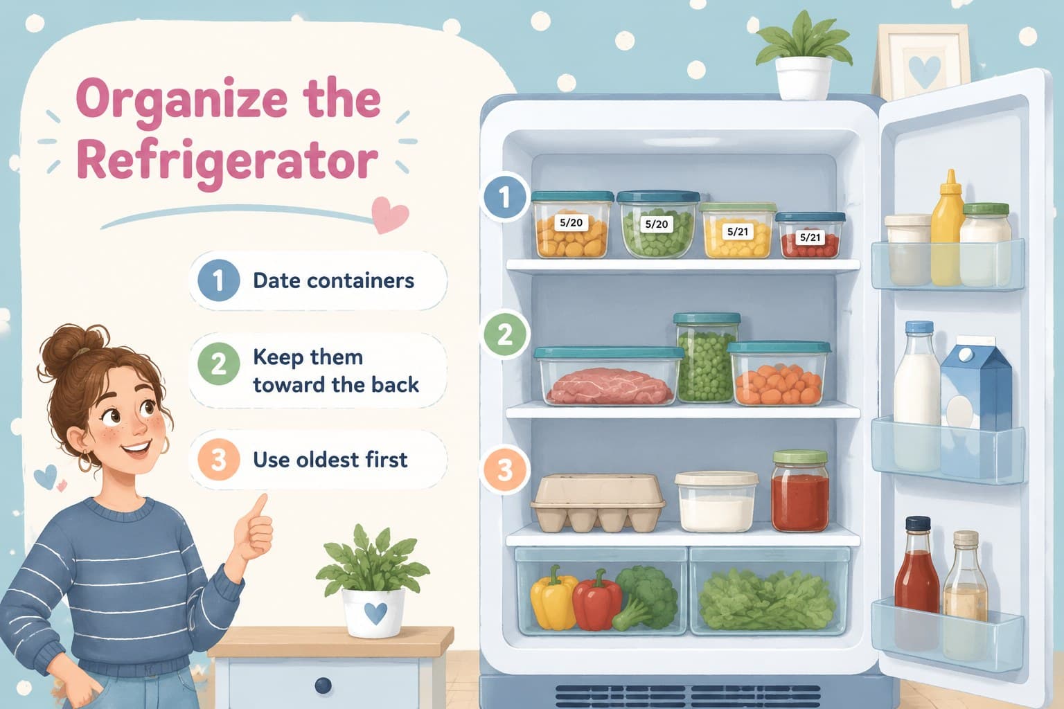 Refrigerator organization slide showing labeled breast milk containers arranged by freshness order.