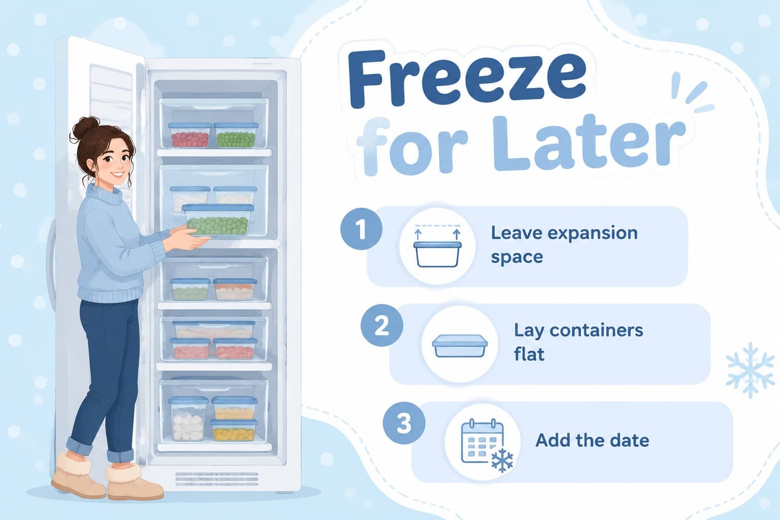 Freezing guidance slide illustrating flat storage, expansion space, and dated breast milk containers.