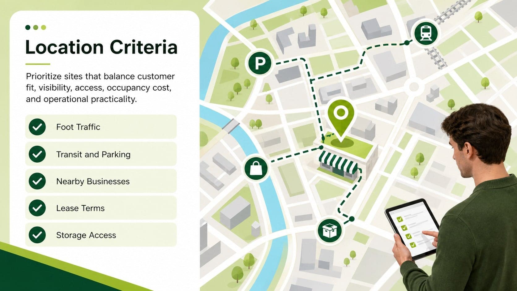 Retail location strategy template slide with site criteria for visibility, access, cost, and customer fit.
