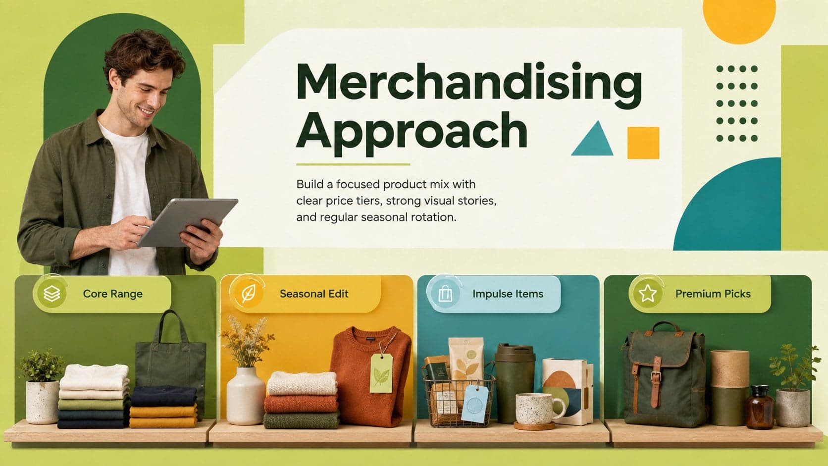 Merchandising and sales plan slide organizing product mix, pricing, displays, and seasonal rotation.