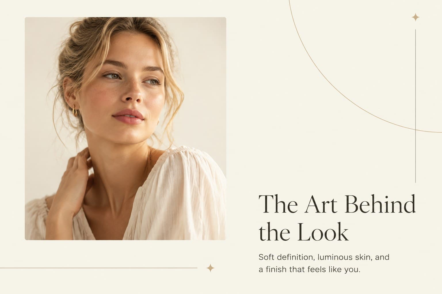 Introduction slide presenting a makeup artist's bridal beauty approach with a portrait and beige editorial layout.