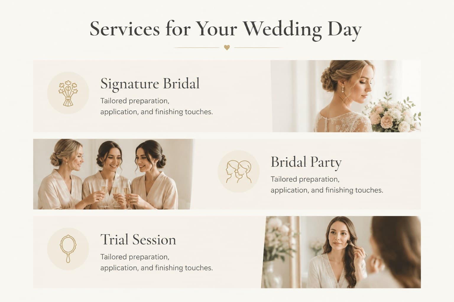 Bridal makeup service menu slide with elegant package categories and minimalist beige typography.