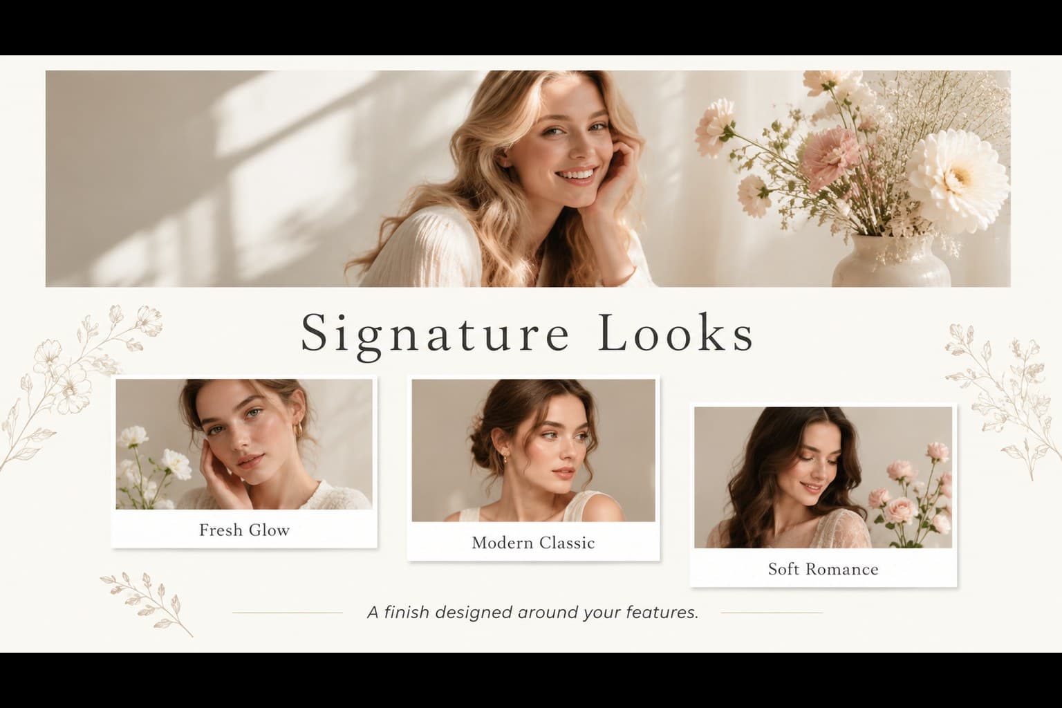 Bridal makeup inspiration gallery showing three wedding looks in a clean beige portfolio presentation.