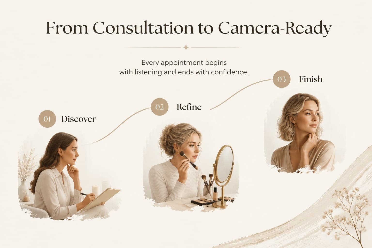 Bridal makeup artist process slide outlining preparation, application, and finishing steps for wedding clients.