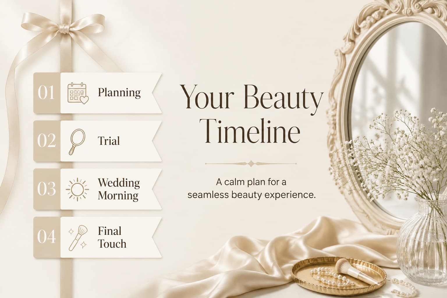 Wedding makeup client journey slide with preparation milestones and a calm editorial beige design.