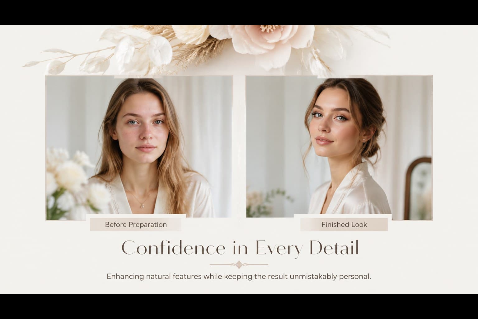 Before-and-after bridal beauty transformation slide with paired portraits and understated white and beige styling.